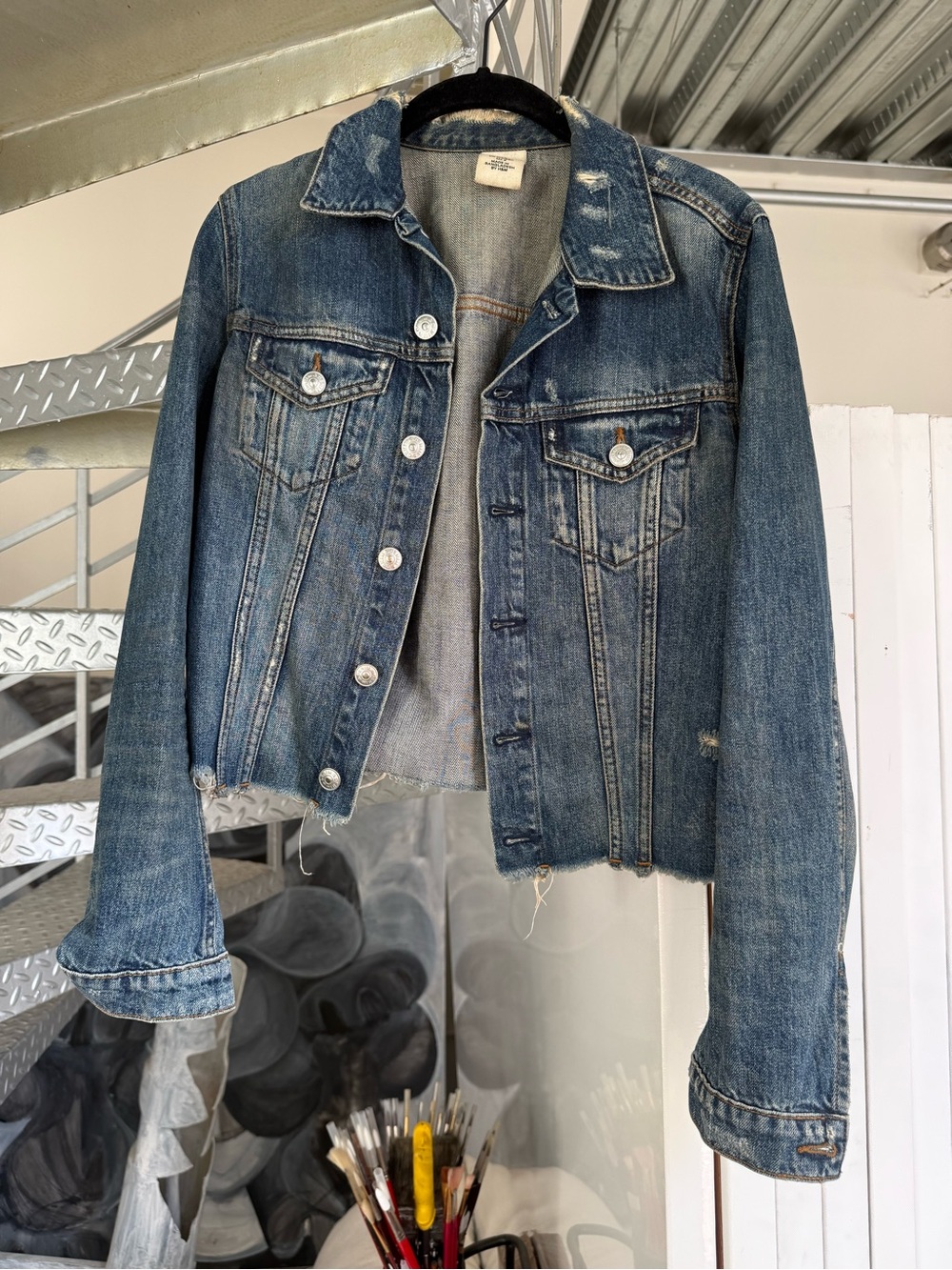 H&M Distressed Blue Cropped Denim Jacket